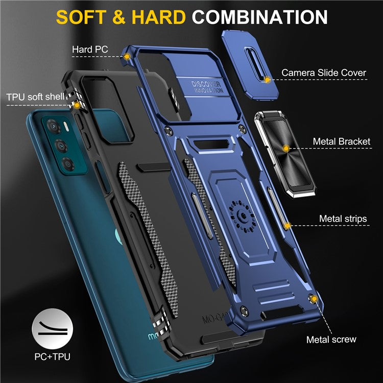Armor Series For Motorola Moto G42 4G Kickstand Phone Case Slide Lens Shield PC+TPU Anti-Drop Cover - Navy Blue
