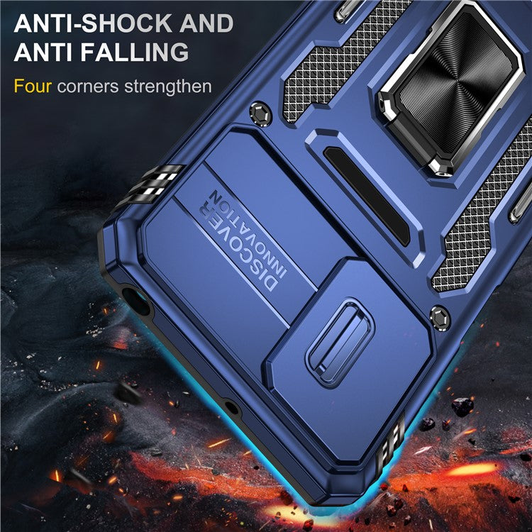 Armor Series For Motorola Moto G42 4G Kickstand Phone Case Slide Lens Shield PC+TPU Anti-Drop Cover - Navy Blue