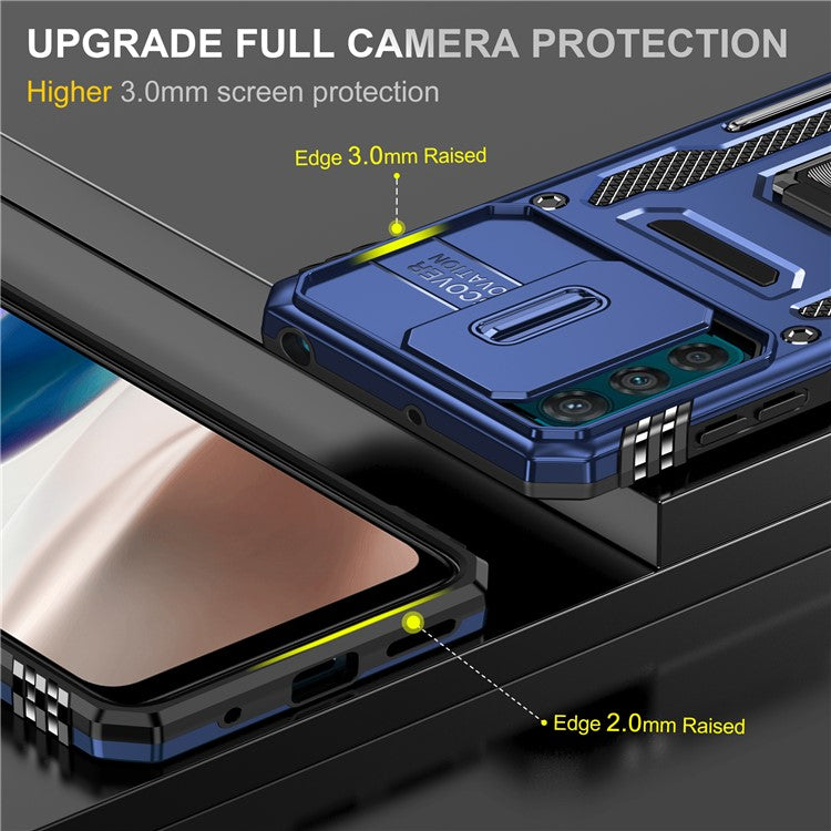 Armor Series For Motorola Moto G42 4G Kickstand Phone Case Slide Lens Shield PC+TPU Anti-Drop Cover - Navy Blue