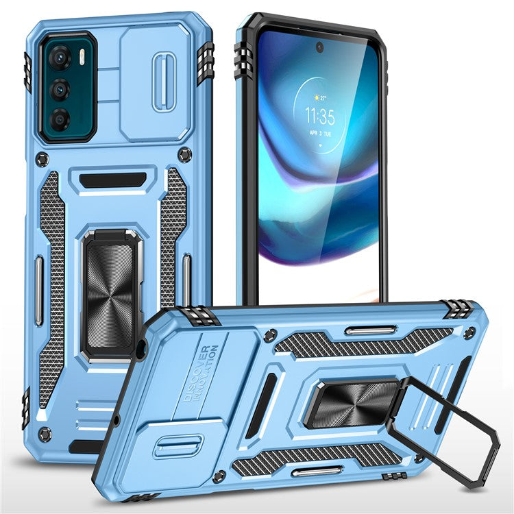 Armor Series For Motorola Moto G42 4G Kickstand Phone Case Slide Lens Shield PC+TPU Anti-Drop Cover - Light Blue