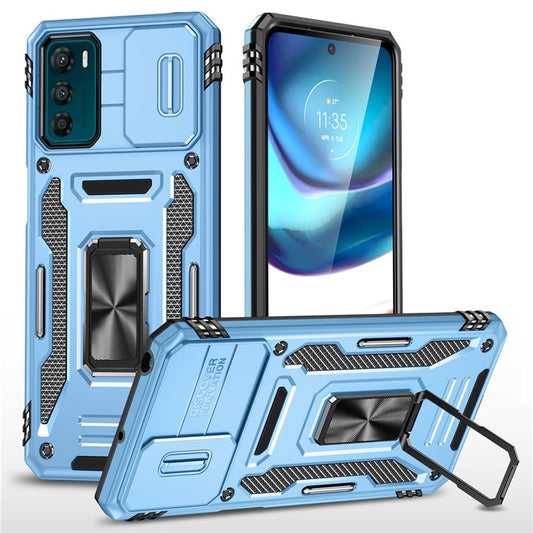 Armor Series For Motorola Moto G42 4G Kickstand Phone Case Slide Lens Shield PC+TPU Anti-Drop Cover - Light Blue