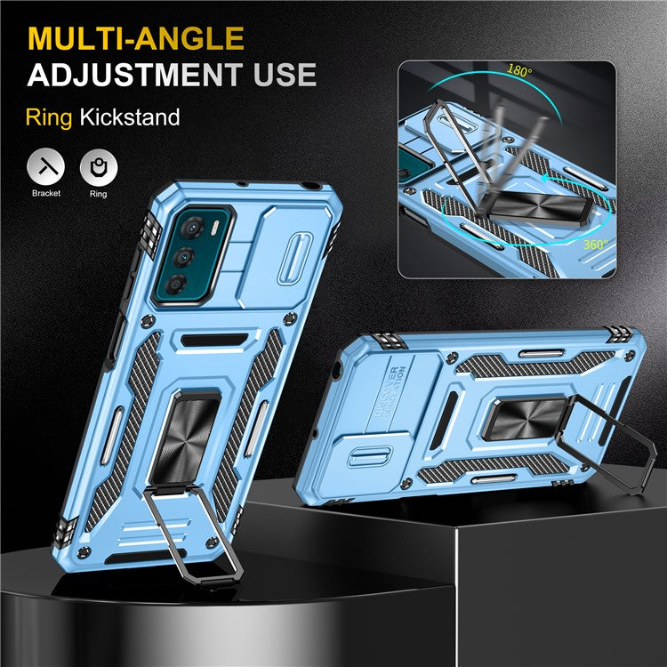 Armor Series For Motorola Moto G42 4G Kickstand Phone Case Slide Lens Shield PC+TPU Anti-Drop Cover - Light Blue