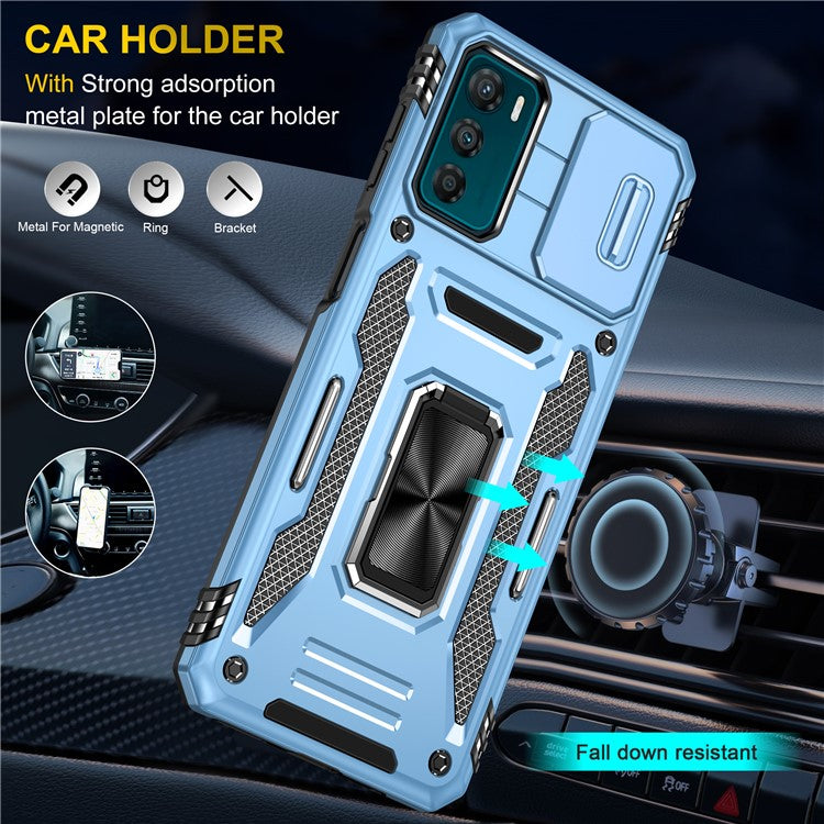Armor Series For Motorola Moto G42 4G Kickstand Phone Case Slide Lens Shield PC+TPU Anti-Drop Cover - Light Blue