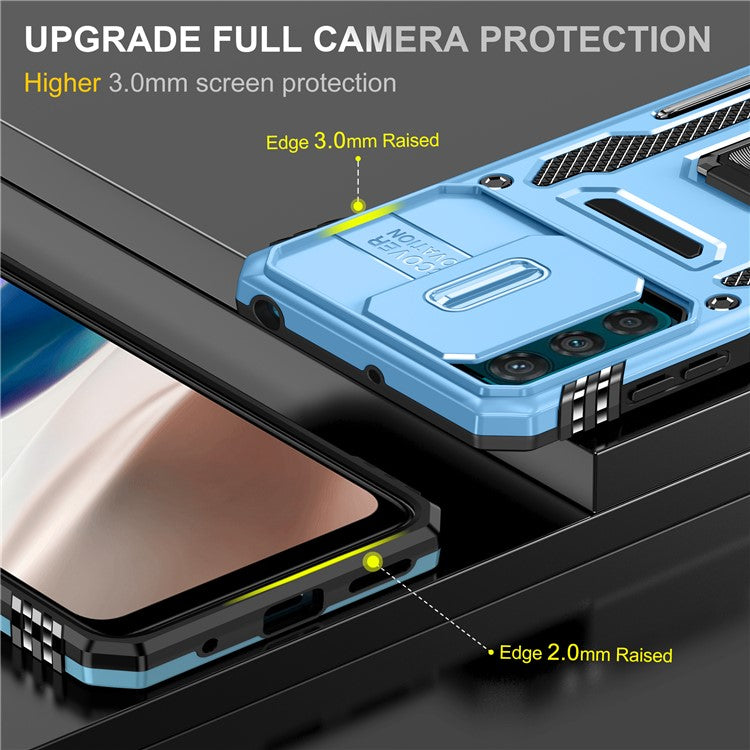 Armor Series For Motorola Moto G42 4G Kickstand Phone Case Slide Lens Shield PC+TPU Anti-Drop Cover - Light Blue