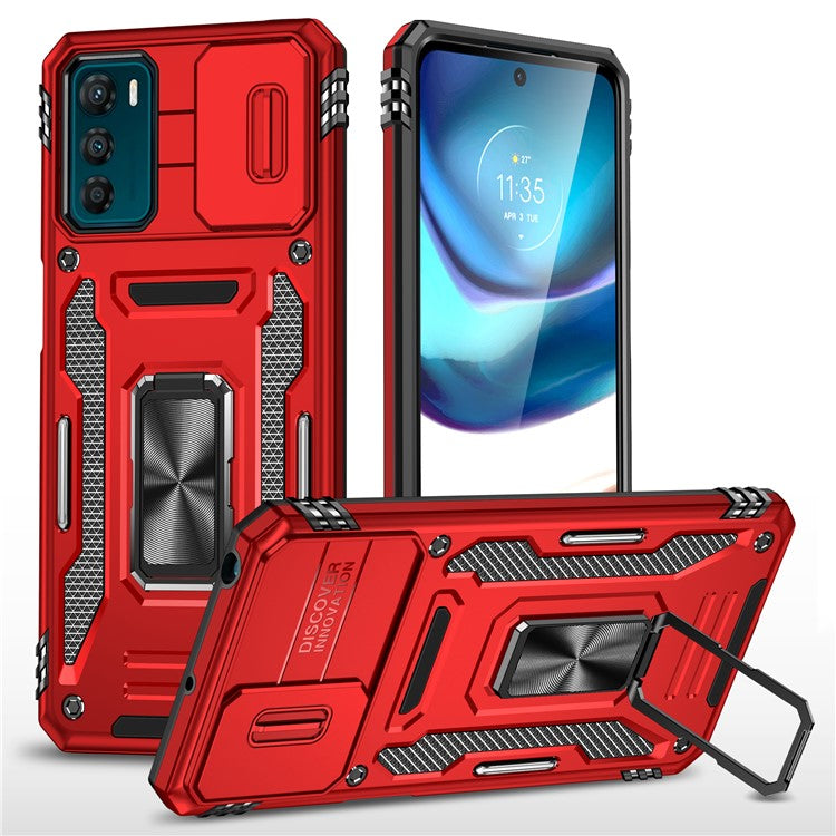 Armor Series For Motorola Moto G42 4G Kickstand Phone Case Slide Lens Shield PC+TPU Anti-Drop Cover - Red