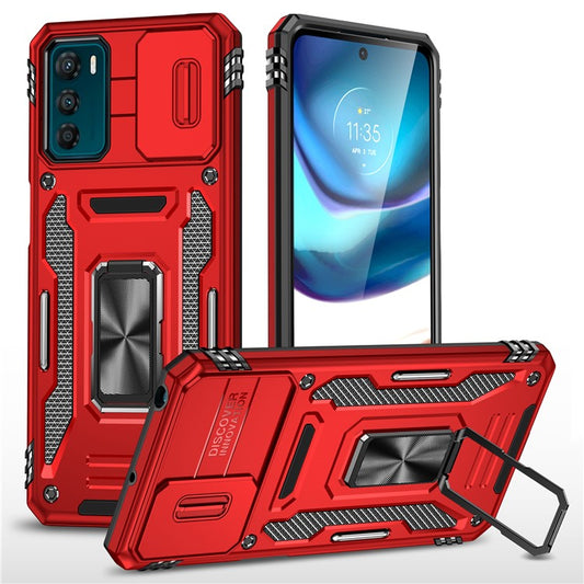 Armor Series For Motorola Moto G42 4G Kickstand Phone Case Slide Lens Shield PC+TPU Anti-Drop Cover - Red