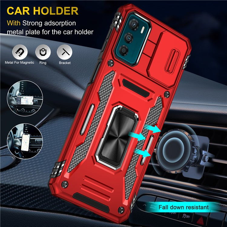 Armor Series For Motorola Moto G42 4G Kickstand Phone Case Slide Lens Shield PC+TPU Anti-Drop Cover - Red