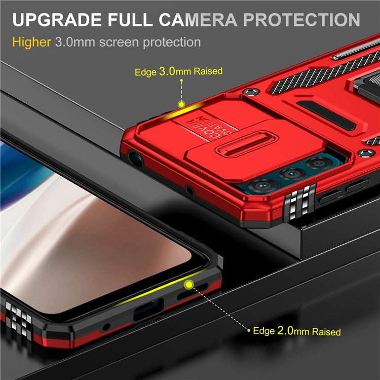 Armor Series For Motorola Moto G42 4G Kickstand Phone Case Slide Lens Shield PC+TPU Anti-Drop Cover - Red