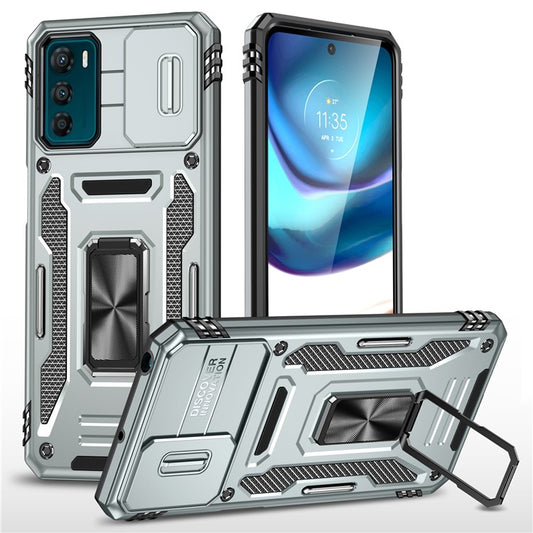 Armor Series For Motorola Moto G42 4G Kickstand Phone Case Slide Lens Shield PC+TPU Anti-Drop Cover - Grey