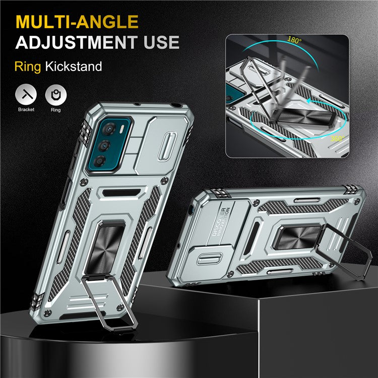 Armor Series For Motorola Moto G42 4G Kickstand Phone Case Slide Lens Shield PC+TPU Anti-Drop Cover - Grey