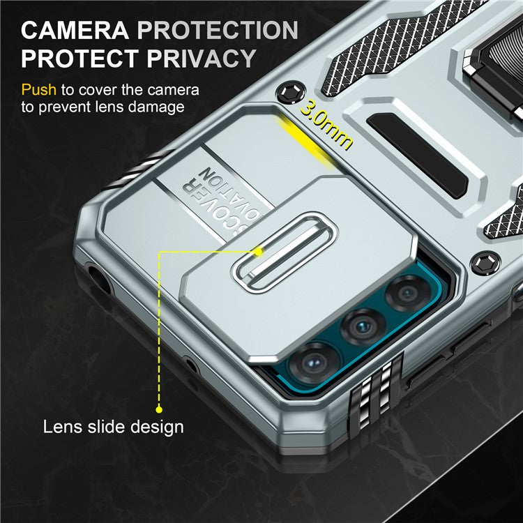 Armor Series For Motorola Moto G42 4G Kickstand Phone Case Slide Lens Shield PC+TPU Anti-Drop Cover - Grey