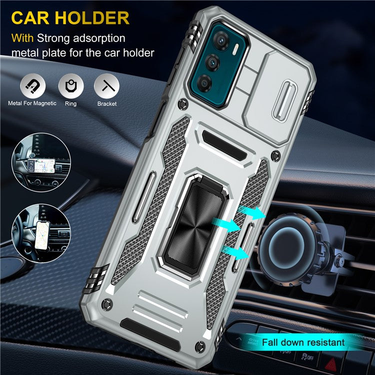 Armor Series For Motorola Moto G42 4G Kickstand Phone Case Slide Lens Shield PC+TPU Anti-Drop Cover - Grey