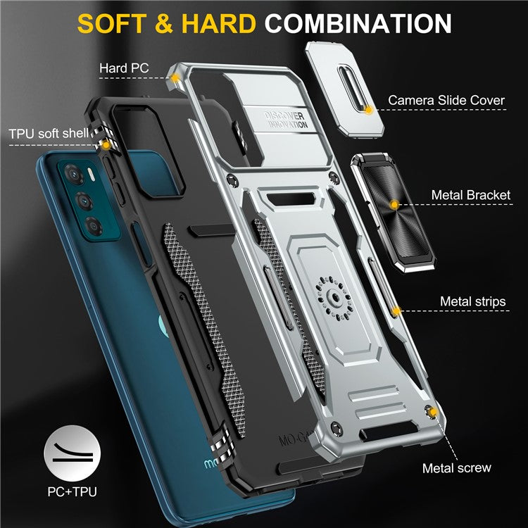 Armor Series For Motorola Moto G42 4G Kickstand Phone Case Slide Lens Shield PC+TPU Anti-Drop Cover - Grey