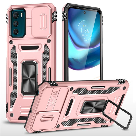 Armor Series For Motorola Moto G42 4G Kickstand Phone Case Slide Lens Shield PC+TPU Anti-Drop Cover - Rose Gold