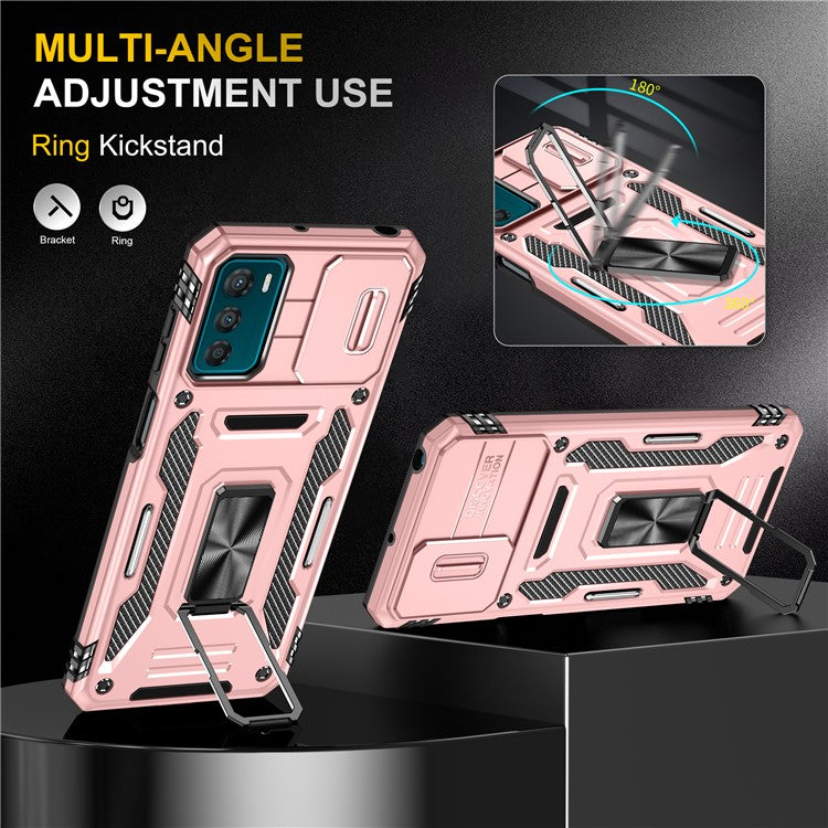 Armor Series For Motorola Moto G42 4G Kickstand Phone Case Slide Lens Shield PC+TPU Anti-Drop Cover - Rose Gold