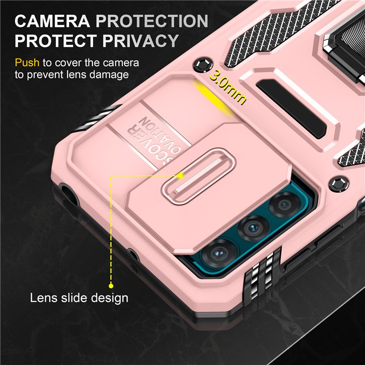 Armor Series For Motorola Moto G42 4G Kickstand Phone Case Slide Lens Shield PC+TPU Anti-Drop Cover - Rose Gold
