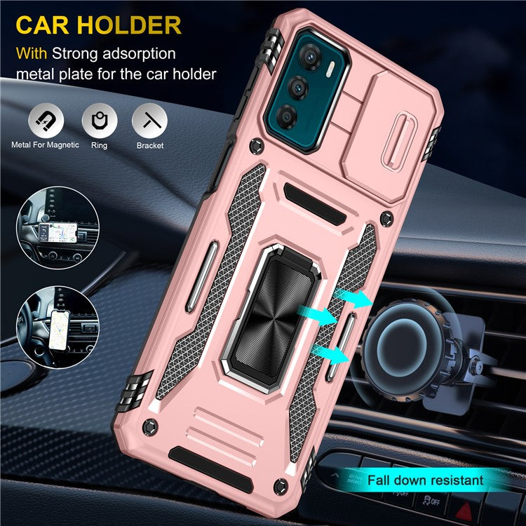 Armor Series For Motorola Moto G42 4G Kickstand Phone Case Slide Lens Shield PC+TPU Anti-Drop Cover - Rose Gold