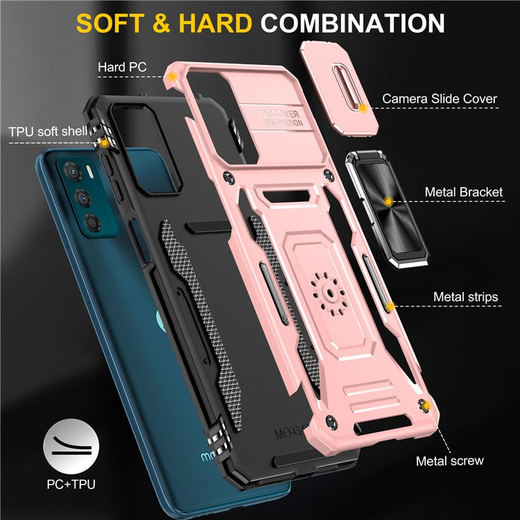 Armor Series For Motorola Moto G42 4G Kickstand Phone Case Slide Lens Shield PC+TPU Anti-Drop Cover - Rose Gold