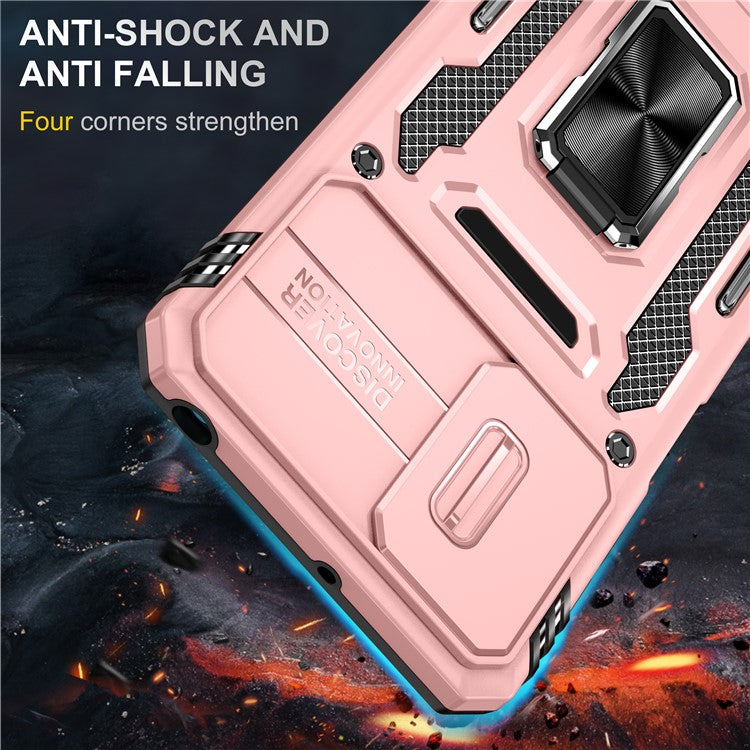 Armor Series For Motorola Moto G42 4G Kickstand Phone Case Slide Lens Shield PC+TPU Anti-Drop Cover - Rose Gold