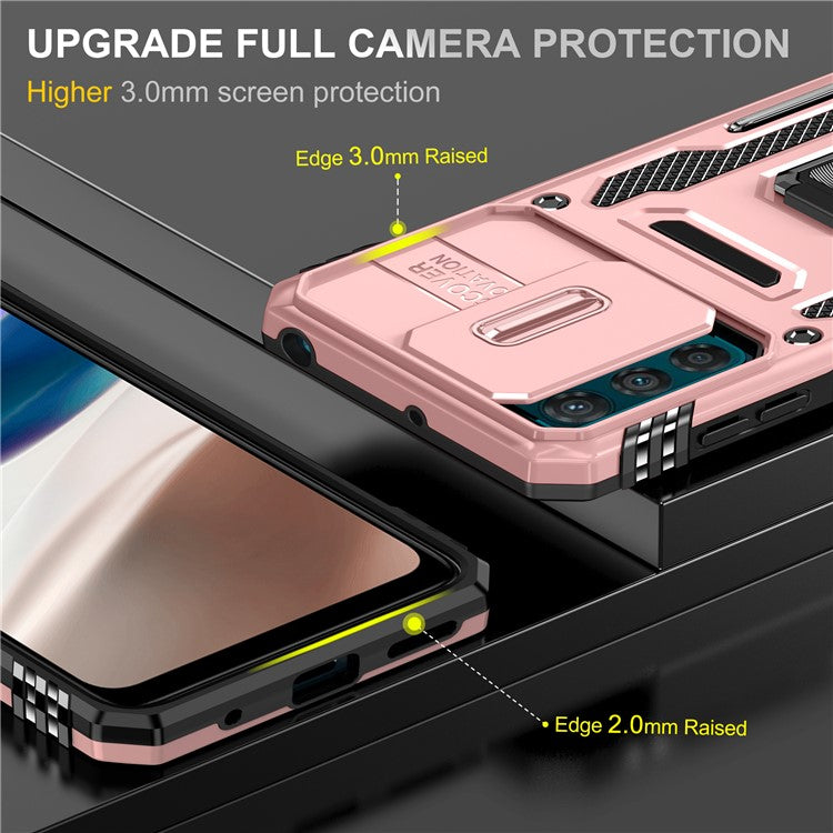 Armor Series For Motorola Moto G42 4G Kickstand Phone Case Slide Lens Shield PC+TPU Anti-Drop Cover - Rose Gold