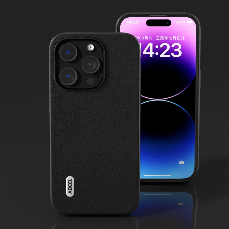 ABEEL For iPhone 14 Pro Anti-Drop Slim Case Textured PU Leather+Soft TPU Phone Cover - Black