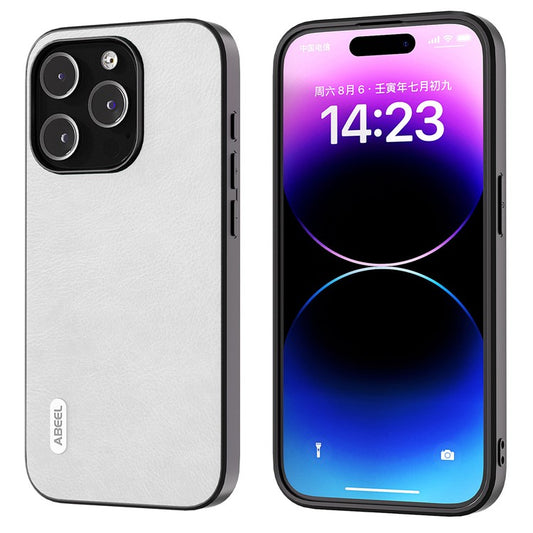 ABEEL Phone Case for iPhone 14 Pro Max Drop-Proof Litchi Texture PU Leather Coated TPU Cover - White