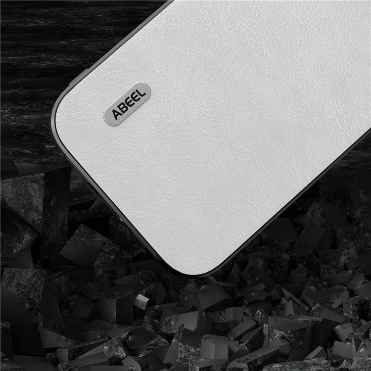 ABEEL Phone Case for iPhone 14 Pro Max Drop-Proof Litchi Texture PU Leather Coated TPU Cover - White