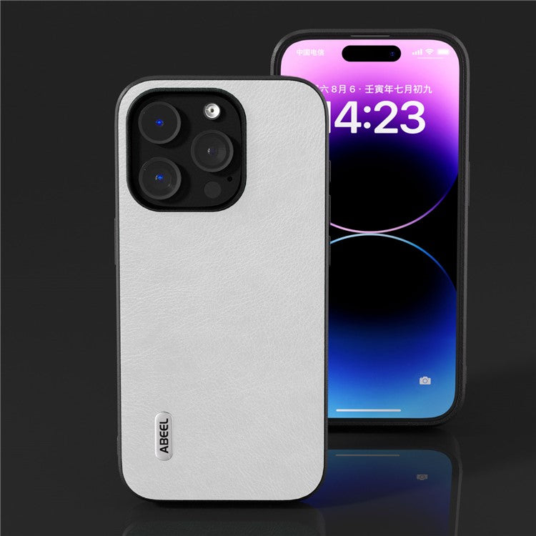 ABEEL Phone Case for iPhone 14 Pro Max Drop-Proof Litchi Texture PU Leather Coated TPU Cover - White