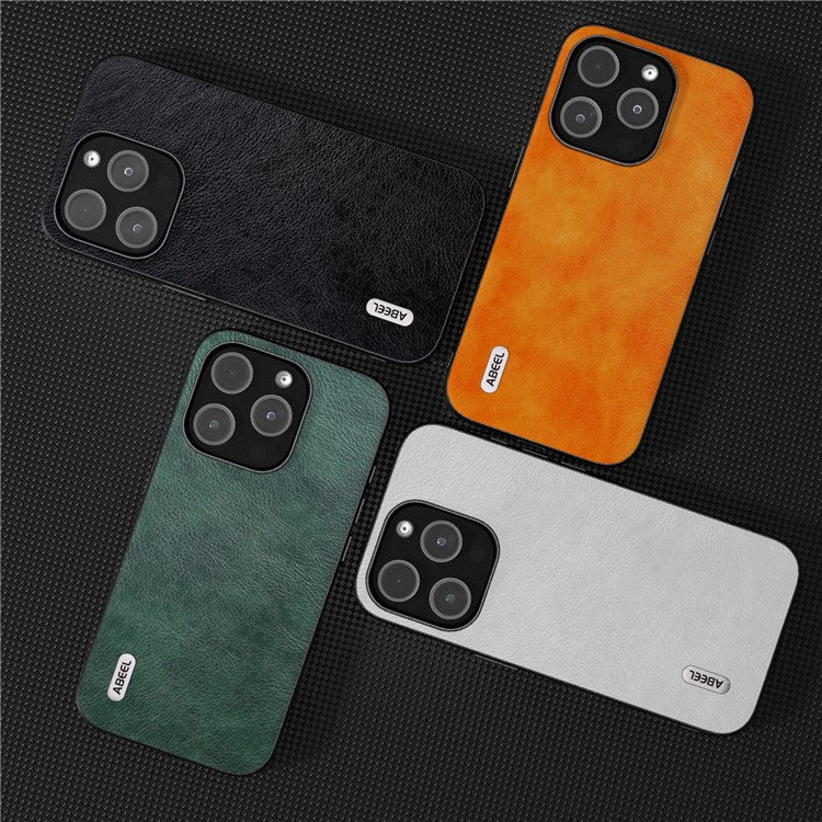 ABEEL Phone Case for iPhone 14 Pro Max Drop-Proof Litchi Texture PU Leather Coated TPU Cover - White