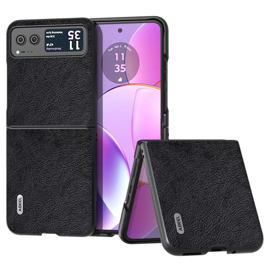 ABEEL Phone Case for Motorola Razr 40 5G Drop-Proof Litchi Texture PU Leather Coated PC Cover - Black