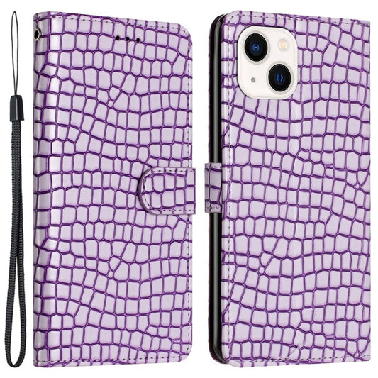 Crocodile Texture Shell for iPhone 14 Plus PU Leather+TPU Cover Stand Phone Wallet Case with Hand Strap - Purple
