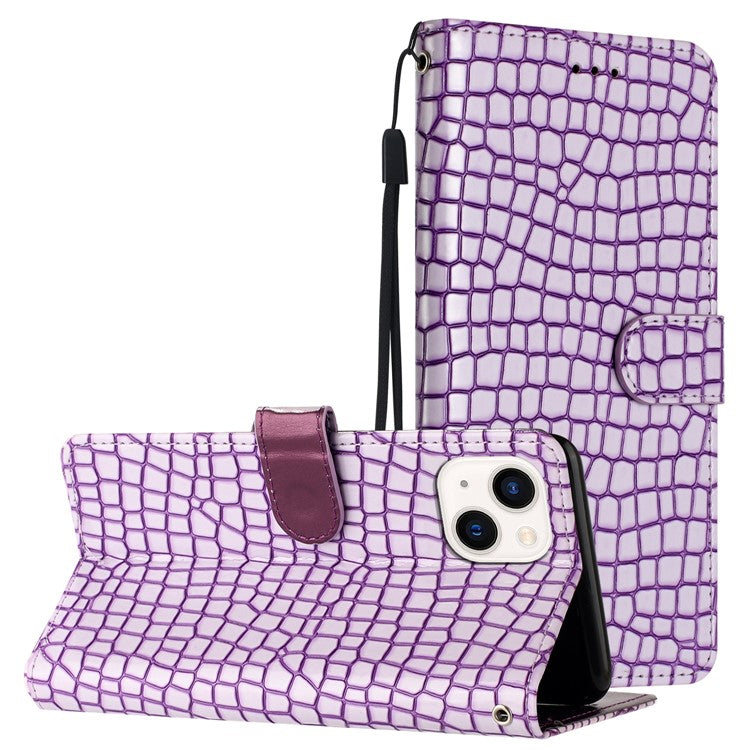 Crocodile Texture Shell for iPhone 14 Plus PU Leather+TPU Cover Stand Phone Wallet Case with Hand Strap - Purple
