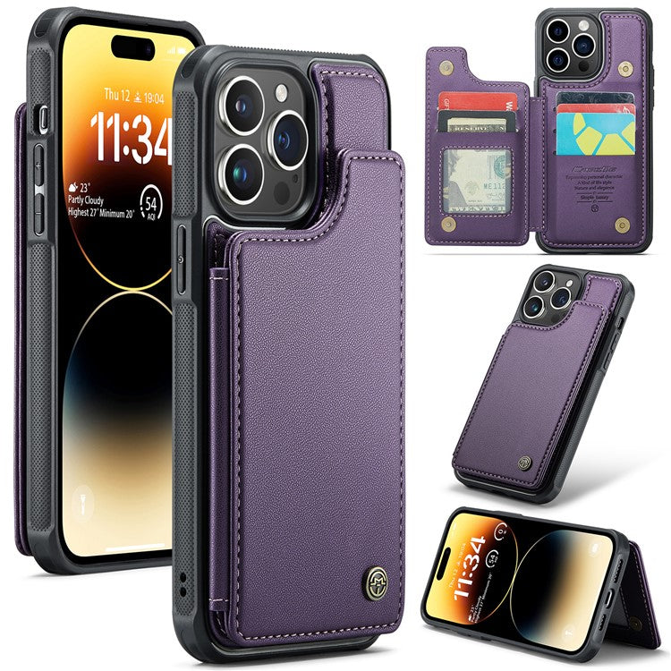 CASEME C22 Series PU+TPU Kickstand Case for iPhone 14 Pro Max RFID Blocking Card Holder Phone Cover - Purple
