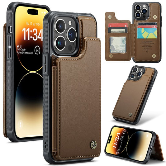 CASEME C22 Series PU+TPU Kickstand Case for iPhone 14 Pro Max RFID Blocking Card Holder Phone Cover - Brown