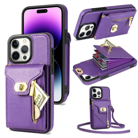 Card Slots Kickstand Phone Cover for iPhone 14 Pro Max , Zipper Pocket PU Leather + TPU Case - Purple