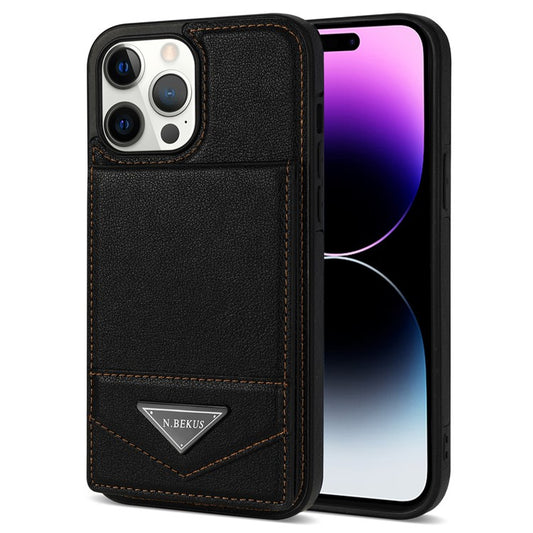 N.BEKUS For iPhone 14 Pro Max PU Leather+TPU Kickstand Cover RFID Blocking Card Holder Phone Case - Black
