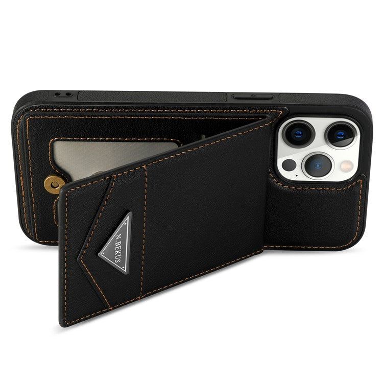 N.BEKUS For iPhone 14 Pro Max PU Leather+TPU Kickstand Cover RFID Blocking Card Holder Phone Case - Black