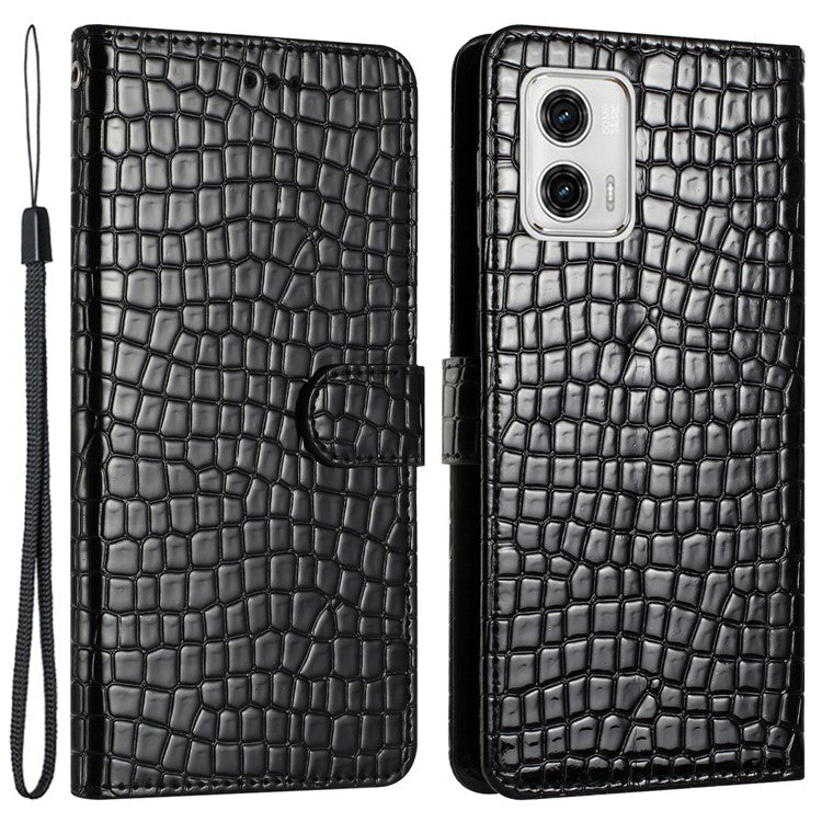 Stand Function Leather Cover for Motorola Moto G73 5G , Crocodile Texture Wallet Phone Case with Strap - Black