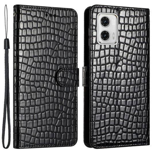 Stand Function Leather Cover for Motorola Moto G73 5G , Crocodile Texture Wallet Phone Case with Strap - Black