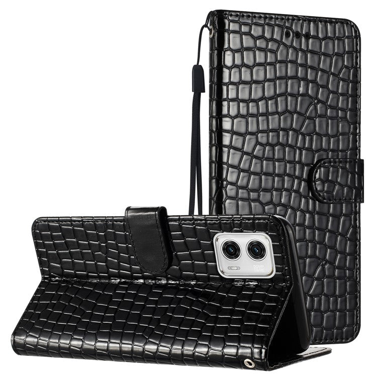 Stand Function Leather Cover for Motorola Moto G73 5G , Crocodile Texture Wallet Phone Case with Strap - Black