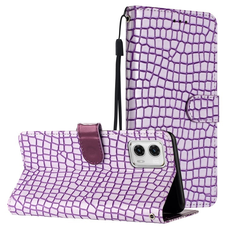 Stand Function Leather Cover for Motorola Moto G73 5G , Crocodile Texture Wallet Phone Case with Strap - Purple
