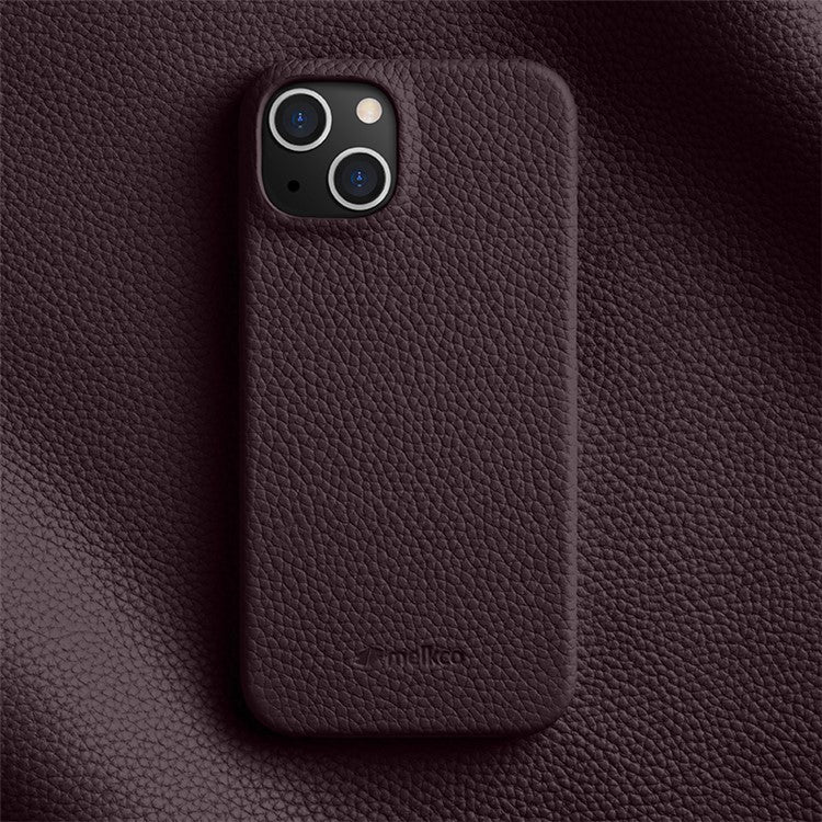 MELKCO For iPhone 14 Genuine Cow Leather Coated PC Back Cover Anti-drop Phone Case - Purple