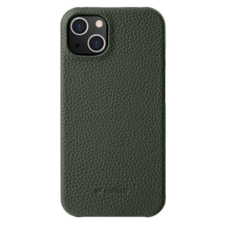 MELKCO For iPhone 14 Plus Anti-drop Cell Phone Case Genuine Cow Leather Coated PC Cover - Dark Green
