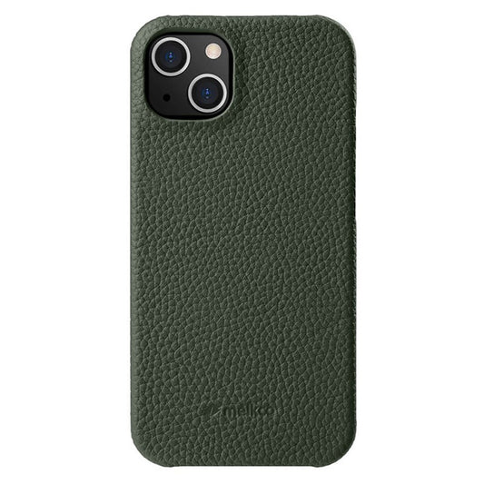 MELKCO For iPhone 14 Plus Anti-drop Cell Phone Case Genuine Cow Leather Coated PC Cover - Dark Green