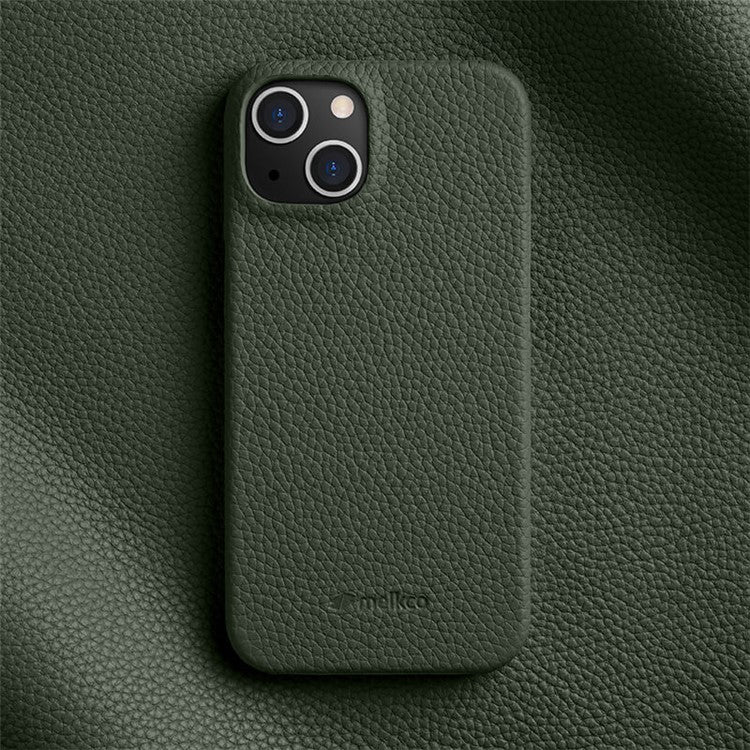 MELKCO For iPhone 14 Plus Anti-drop Cell Phone Case Genuine Cow Leather Coated PC Cover - Dark Green