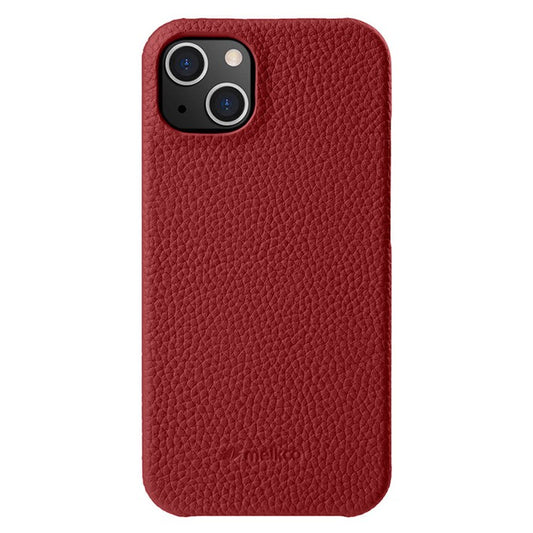 MELKCO For iPhone 14 Plus Anti-drop Cell Phone Case Genuine Cow Leather Coated PC Cover - Red