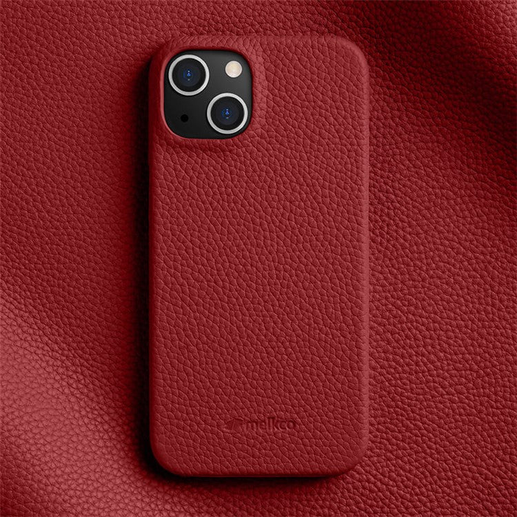 MELKCO For iPhone 14 Plus Anti-drop Cell Phone Case Genuine Cow Leather Coated PC Cover - Red