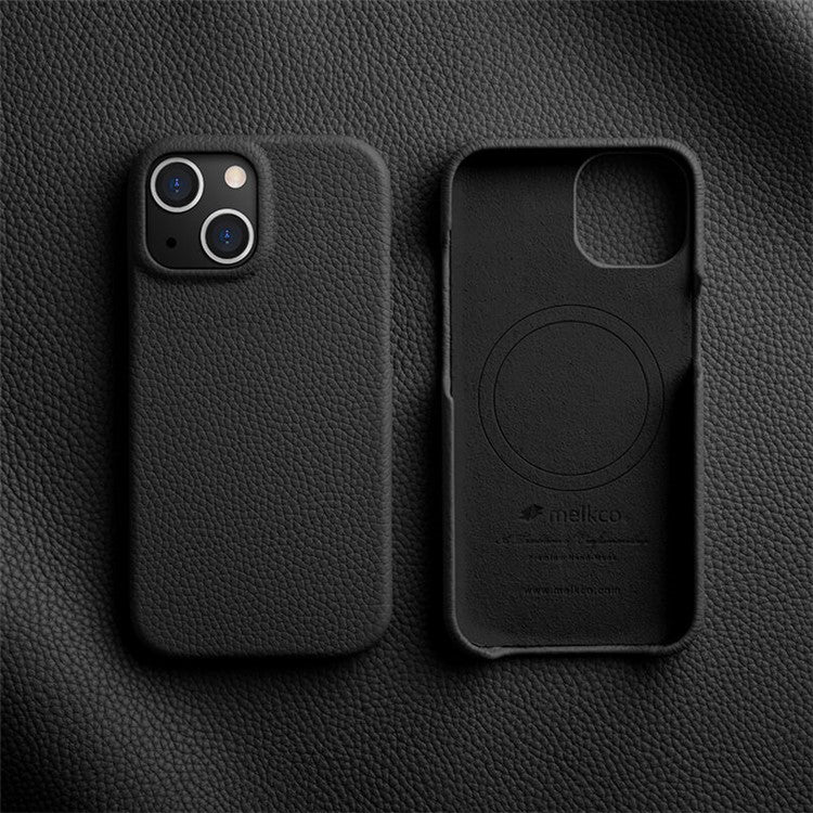 MELKCO For iPhone 14 Anti-drop Case Genuine Cow Leather+PC Phone Cover Compatible with MagSafe - Black