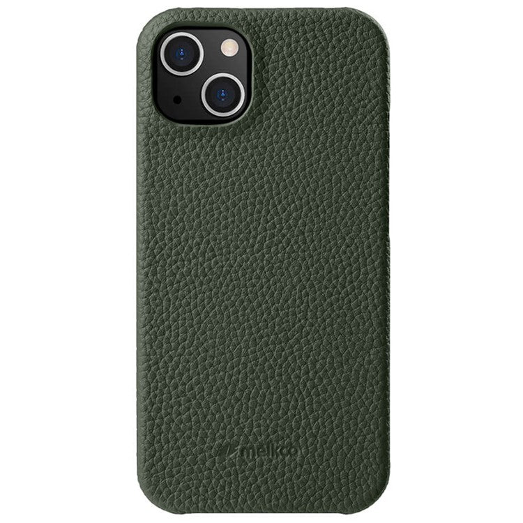 MELKCO For iPhone 14 Anti-drop Case Genuine Cow Leather+PC Phone Cover Compatible with MagSafe - Green