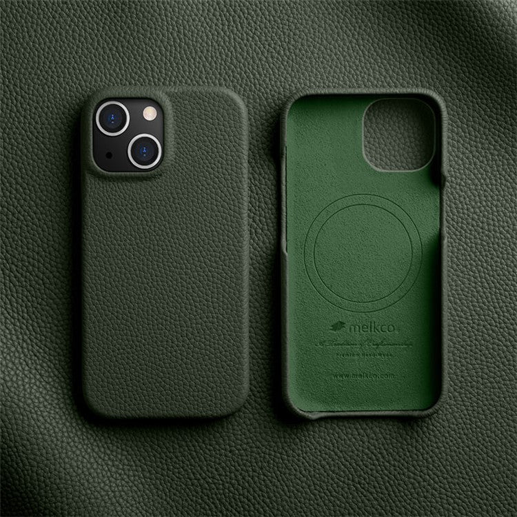 MELKCO For iPhone 14 Anti-drop Case Genuine Cow Leather+PC Phone Cover Compatible with MagSafe - Green